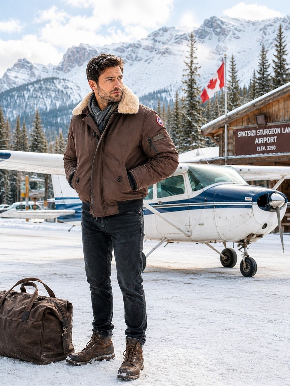 Canada Goose Brown Bomber Jacket with Cream Sherpa Collar